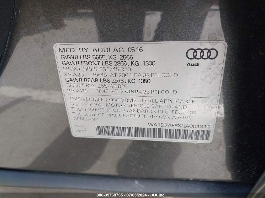 2017 Audi Q5 3.0T Premium Plus VIN: WA1D7AFPXHA001311 Lot: 39768765