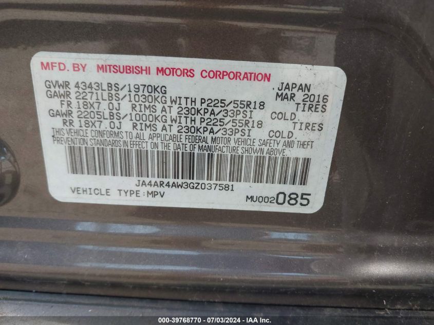 2016 MITSUBISHI OUTLANDER SPORT 2.4 GT/2.4 SEL - JA4AR4AW3GZ037581