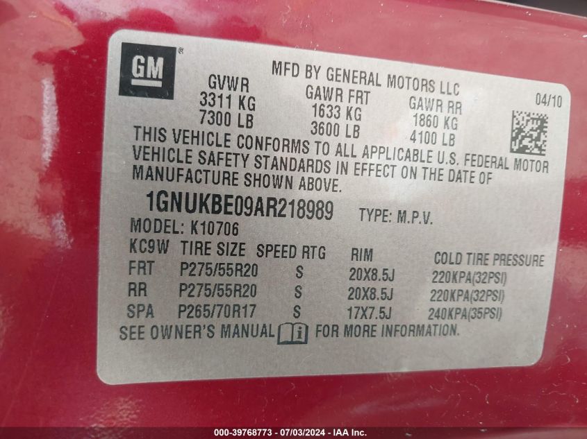 2010 Chevrolet Tahoe Lt VIN: 1GNUKBE09AR218989 Lot: 39768773