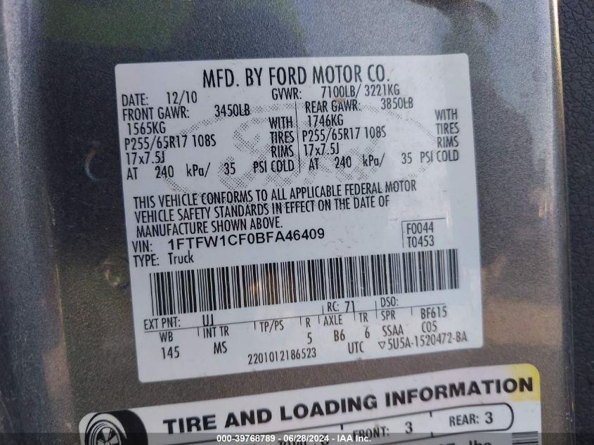 2011 Ford F150 Supercrew VIN: 1FTFW1CF0BFA46409 Lot: 39768789