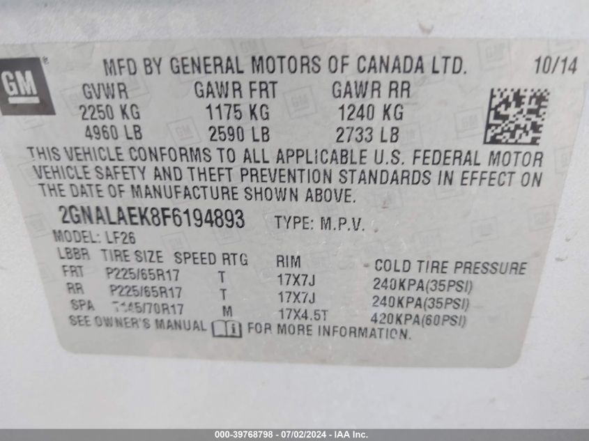 2015 Chevrolet Equinox Ls VIN: 2GNALAEK8F6194893 Lot: 39768798