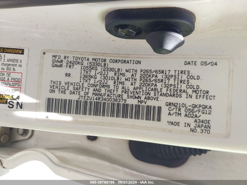 2004 Toyota 4Runner Sr5 Sport V6/Sr5 V6 VIN: JTEZU14R340038379 Lot: 39768799