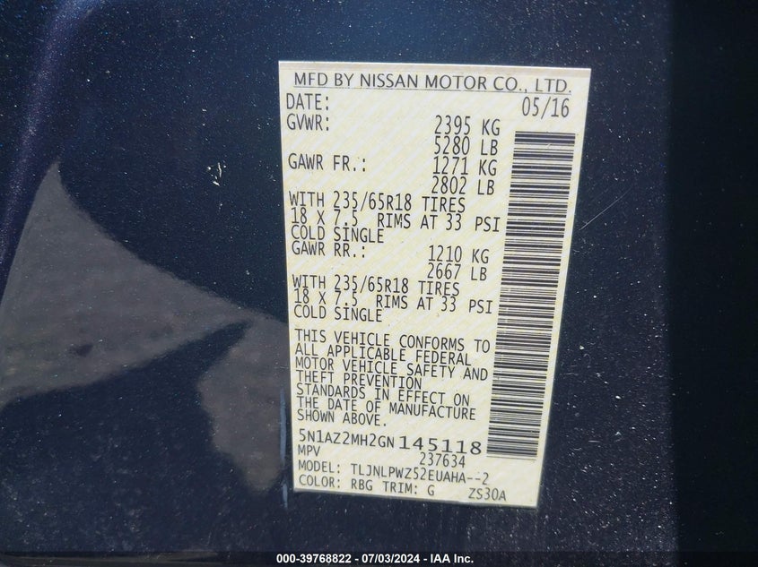 2016 Nissan Murano S VIN: 5N1AZ2MH2GN145118 Lot: 39768822