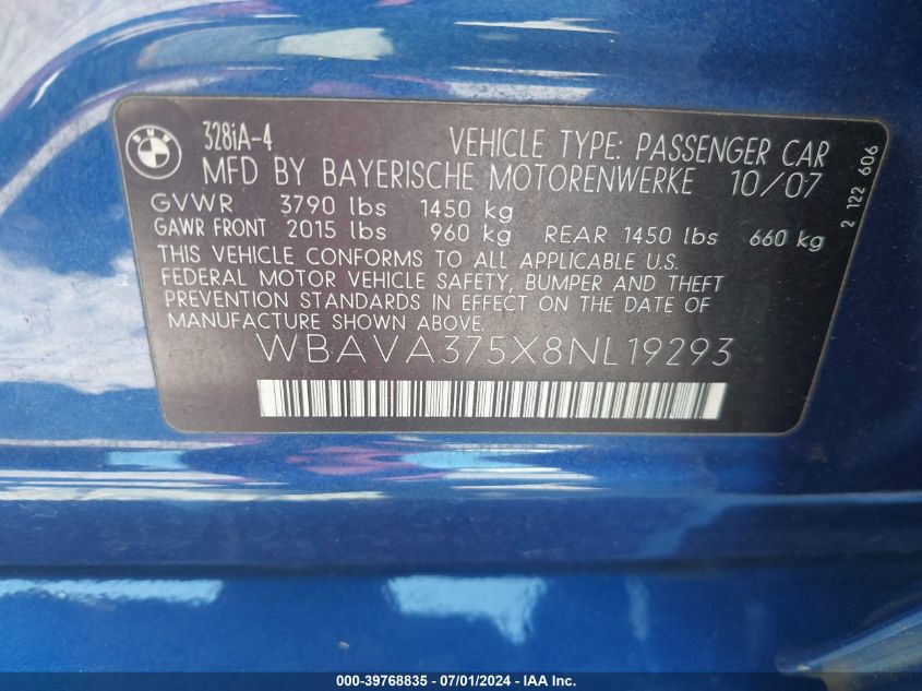 2008 BMW 328I VIN: WBAVA375X8NL19293 Lot: 39768835