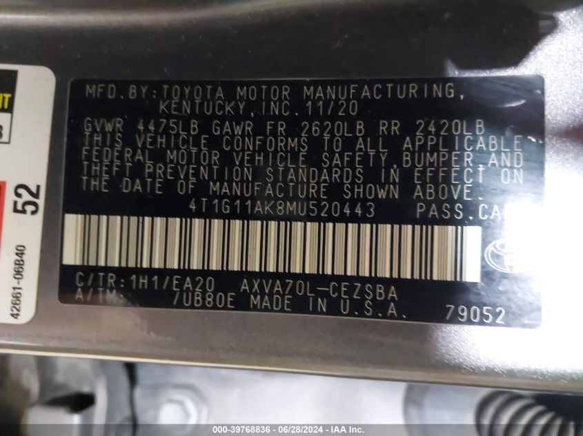 4T1G11AK8MU520443 2021 Toyota Camry Se