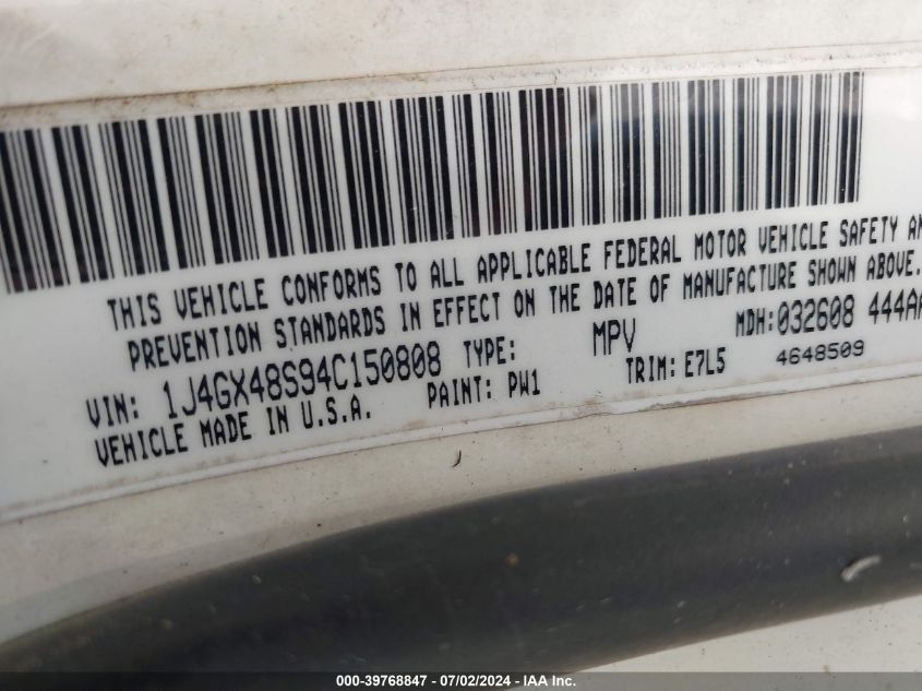 2004 Jeep Grand Cherokee Laredo VIN: 1J4GX48S94C150808 Lot: 39768847