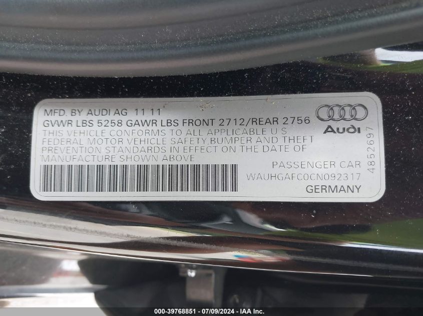 2012 Audi A6 3.0 Premium VIN: WAUHGAFC0CN092317 Lot: 39768851