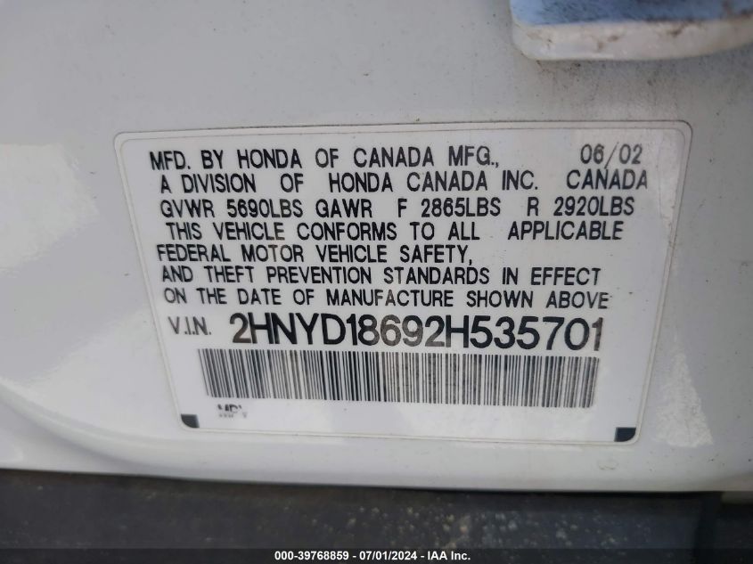 2002 Acura Mdx VIN: 2HNYD18692H535701 Lot: 39768859