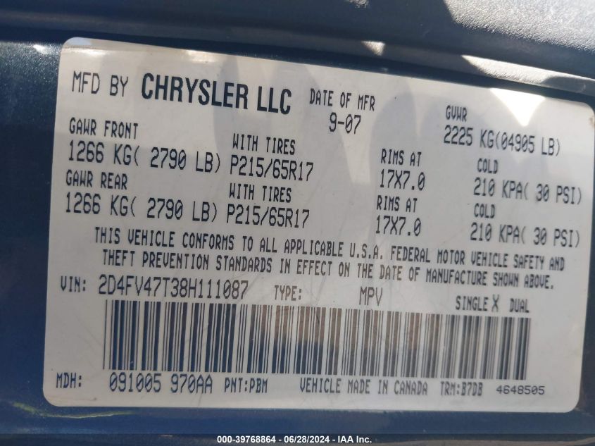 2008 Dodge Magnum VIN: 2D4FV47T38H111087 Lot: 39768864