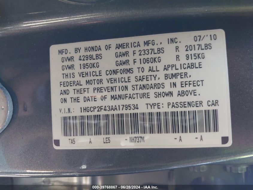 2010 Honda Accord 2.4 Lx-P VIN: 1HGCP2F43AA179534 Lot: 39768867