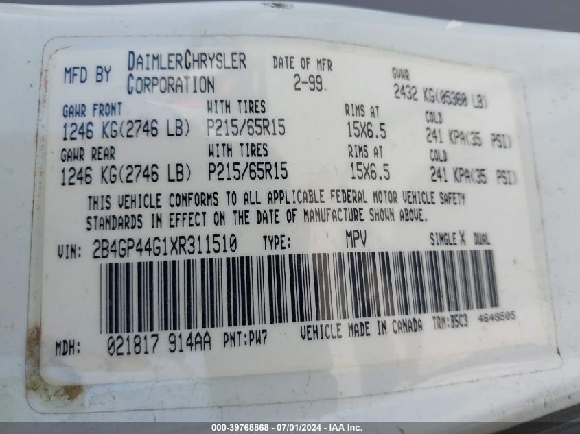 1999 Dodge Grand Caravan Se VIN: 2B4GP44G1XR311510 Lot: 39768868