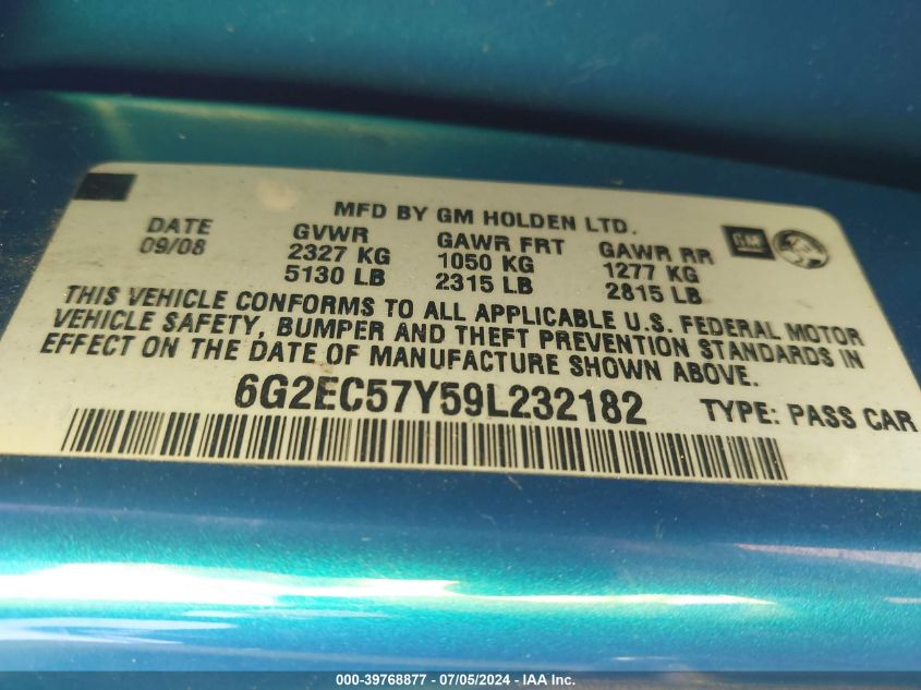 2009 Pontiac G8 Gt VIN: 6G2EC57Y59L232182 Lot: 39768877