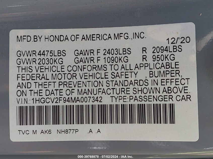 2021 Honda Accord Touring VIN: 1HGCV2F94MA007342 Lot: 39768878