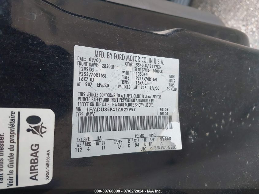 2001 Ford Explorer Limited VIN: 1FMDU85P41ZA22957 Lot: 39768898