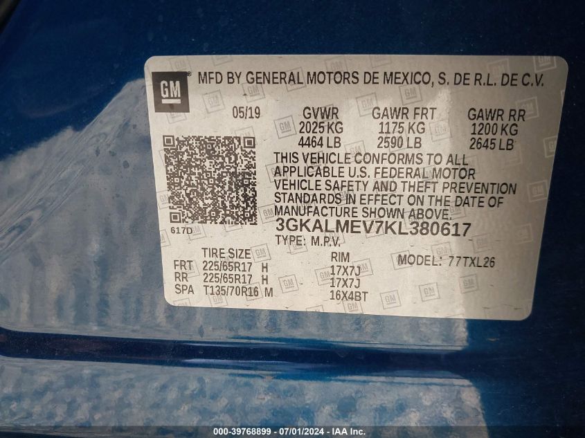 2019 GMC Terrain Sle VIN: 3GKALMEV7KL380617 Lot: 39768899