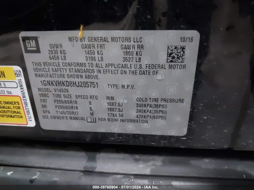 2017 Chevrolet Traverse 2Lt VIN: 1GNKVHKD8HJ205751 Lot: 39768904