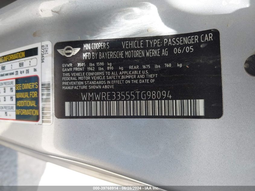 2005 Mini Cooper S VIN: WMWRE33555TG98094 Lot: 39768914