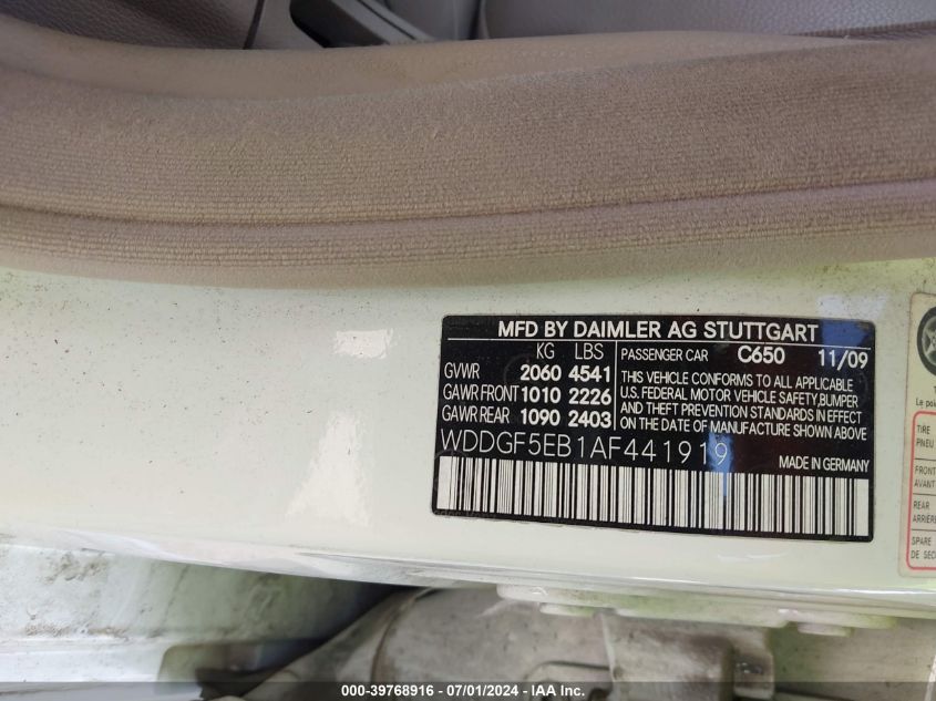 2010 Mercedes-Benz C 300 Luxury/Sport VIN: WDDGF5EB1AF441919 Lot: 39768916