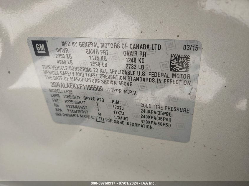 2015 Chevrolet Equinox Ls VIN: 2GNALAEKXF1155509 Lot: 39768917