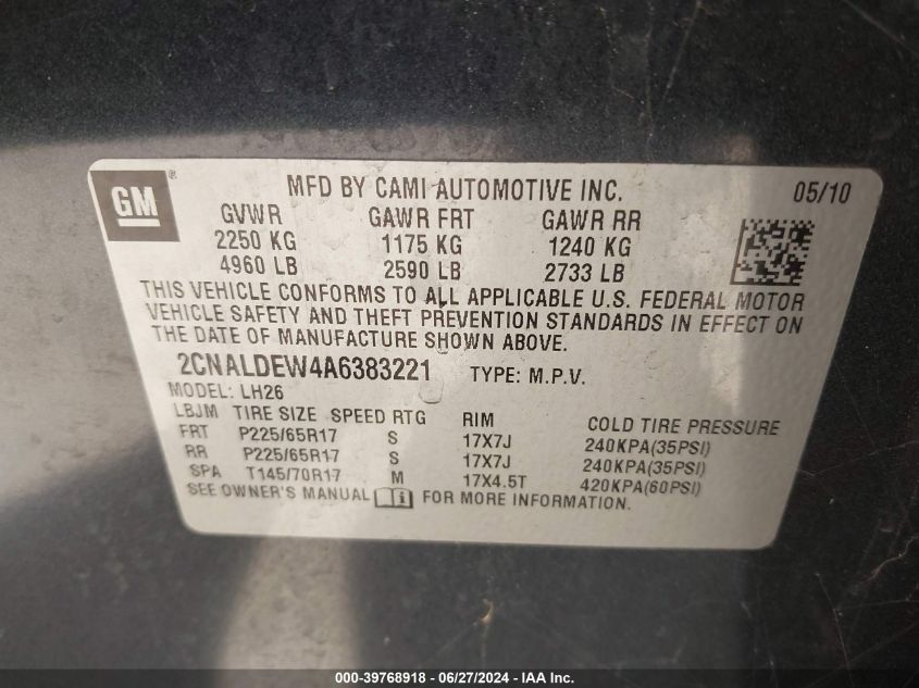 2010 Chevrolet Equinox Lt VIN: 2CNALDEW4A6383221 Lot: 39768918