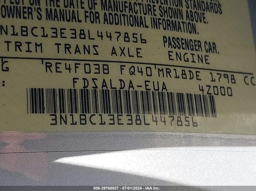 2008 Nissan Versa 1.8S VIN: 3N1BC13E38L447856 Lot: 39768927