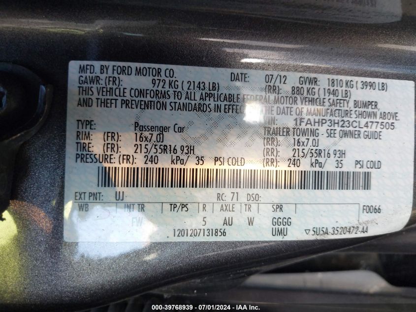 2012 Ford Focus Sel VIN: 1FAHP3H23CL477505 Lot: 39768939