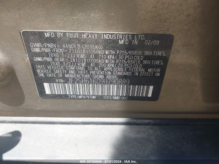 2009 Subaru Forester 2.5X VIN: JF2SH61609H790889 Lot: 39768949