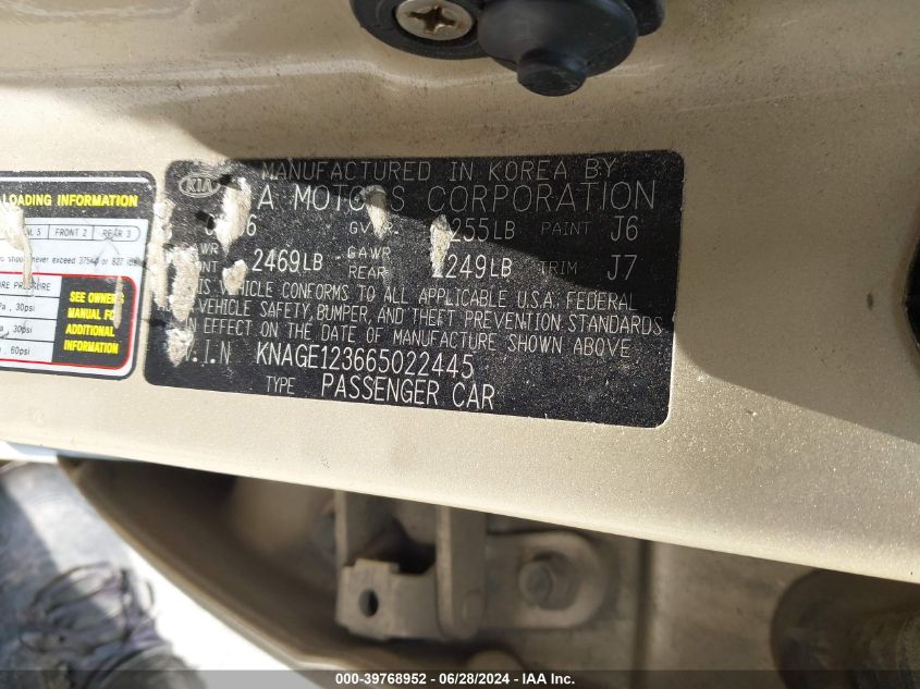 2006 Kia Optima Ex (New)/Lx (New) VIN: KNAGE123665022445 Lot: 39768952