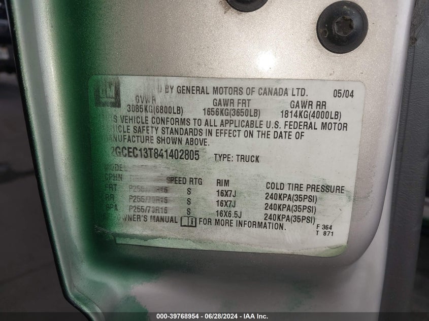 2004 Chevrolet Silverado 1500 Ls VIN: 2GCEC13T841402805 Lot: 39768954