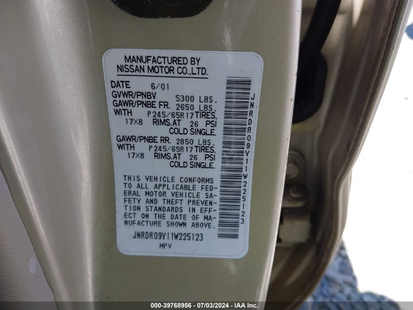 2001 Infiniti Qx4 Luxury VIN: JNRDR09Y11W225123 Lot: 39768956