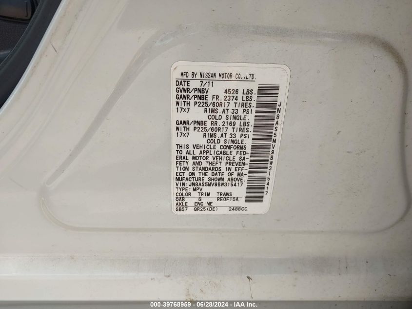 2011 Nissan Rogue Sv VIN: JN8AS5MV9BW315417 Lot: 39768959