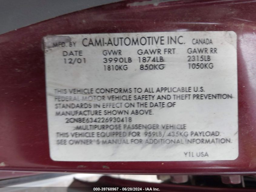 2002 Chevrolet Tracker Hard Top Lt VIN: 2CNBE634226930418 Lot: 39768967