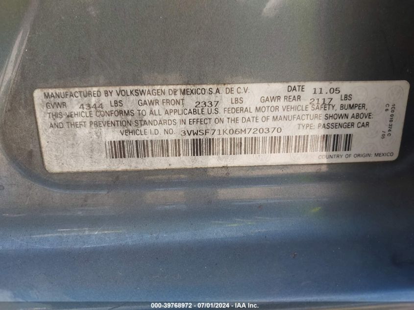 2006 Volkswagen Jetta 2.5 VIN: 3VWSF71K06M720370 Lot: 39768972