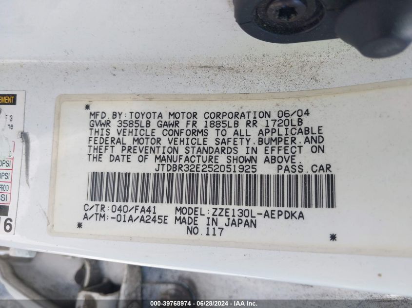 2005 Toyota Corolla Ce VIN: JTDBR32E252051925 Lot: 39768974