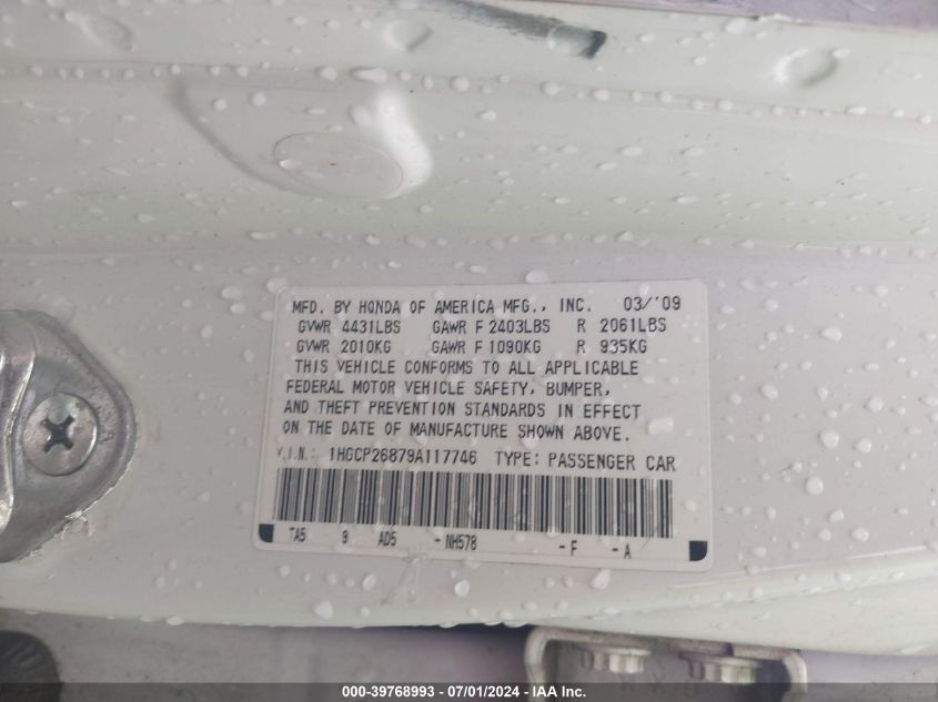 2009 Honda Accord 2.4 Ex-L VIN: 1HGCP26879A117746 Lot: 39768993