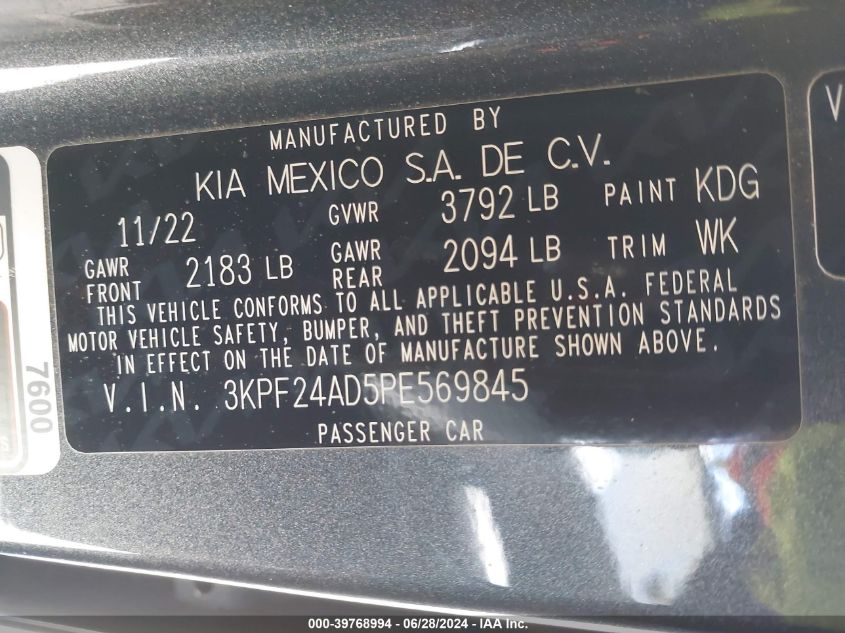 2023 Kia Forte Lx VIN: 3KPF24AD5PE569845 Lot: 39768994