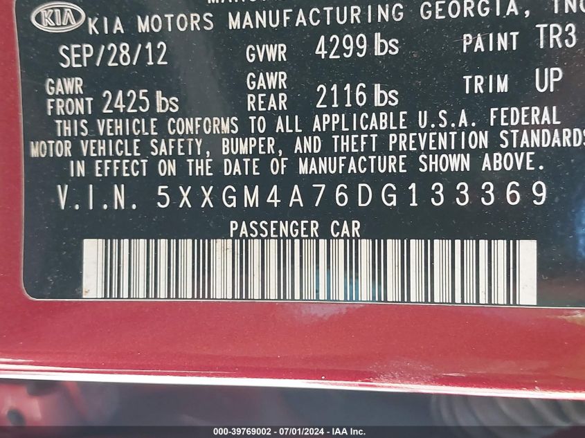 2013 Kia Optima Lx VIN: 5XXGM4A76DG133369 Lot: 39769002