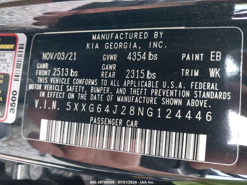 2022 Kia K5 Gt-Line VIN: 5XXG64J28NG124446 Lot: 39769008