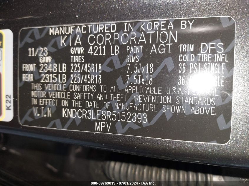 2024 Kia Niro Ex Touring VIN: KNDCR3LE8R5152393 Lot: 39769019