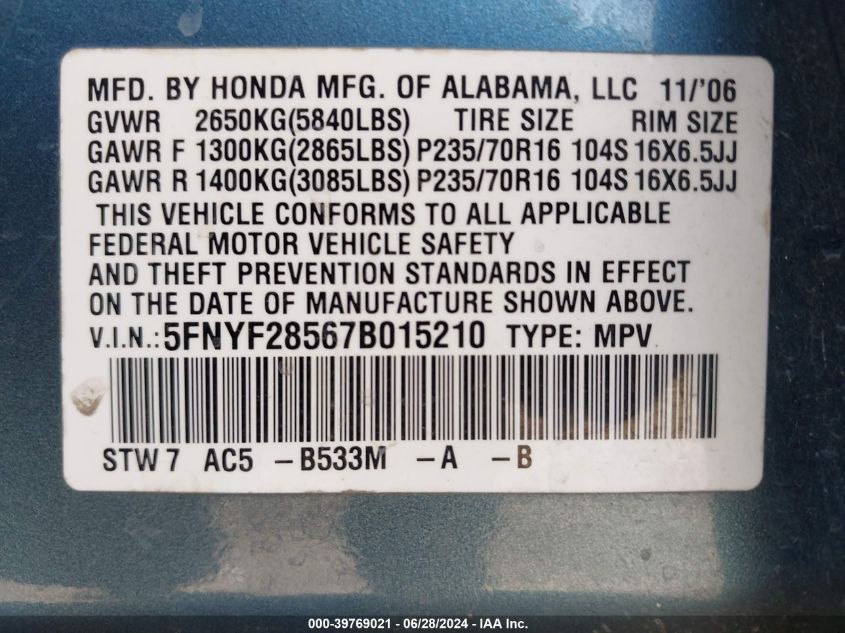 2007 Honda Pilot Ex-L VIN: 5FNYF28567B015210 Lot: 39769021