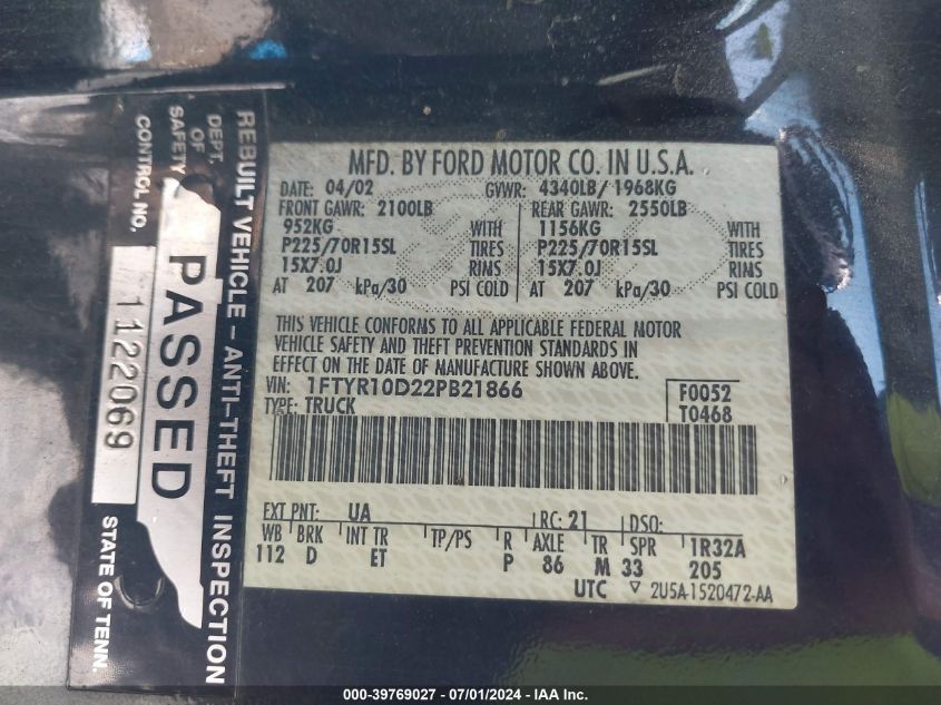 2002 Ford Ranger Xl/Xlt VIN: 1FTYR10D22PB21866 Lot: 39769027
