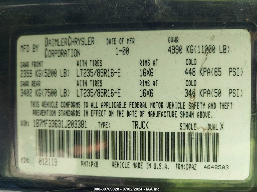 2001 Dodge Ram 3500 St VIN: 1B7MF33631J203381 Lot: 39769028