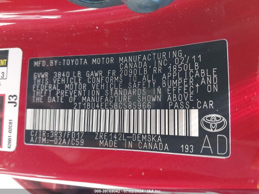 2011 Toyota Corolla S VIN: 2T1BU4EE5BC585966 Lot: 39769042