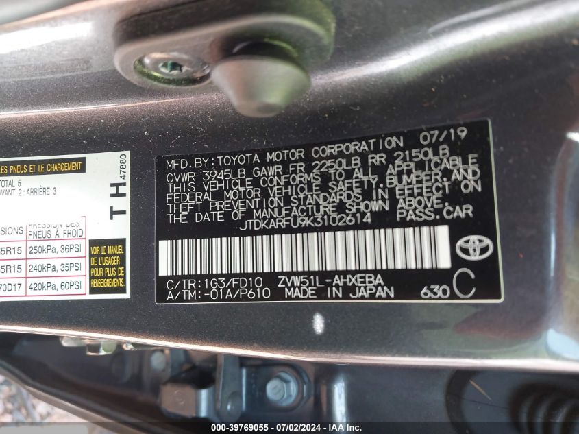 2019 Toyota Prius VIN: JTDKARFU9K3102614 Lot: 39769055