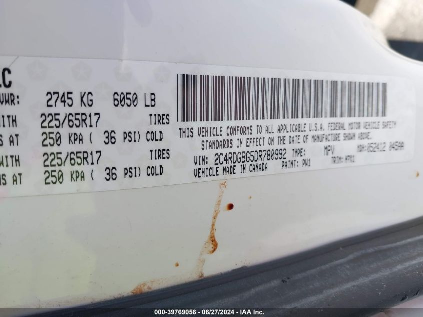 2013 Dodge Grand Caravan Se VIN: 2C4RDGBG5DR780992 Lot: 39769056