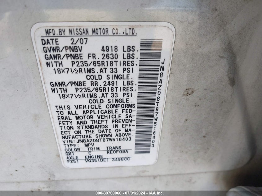 2007 Nissan Murano Sl VIN: JN8AZ08T87W516403 Lot: 39769060