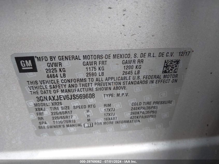 2018 Chevrolet Equinox Lt VIN: 3GNAXJEV6JS569608 Lot: 39769062