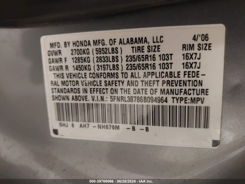 2006 Honda Odyssey Ex-L VIN: 5FNRL38786B094964 Lot: 39769066