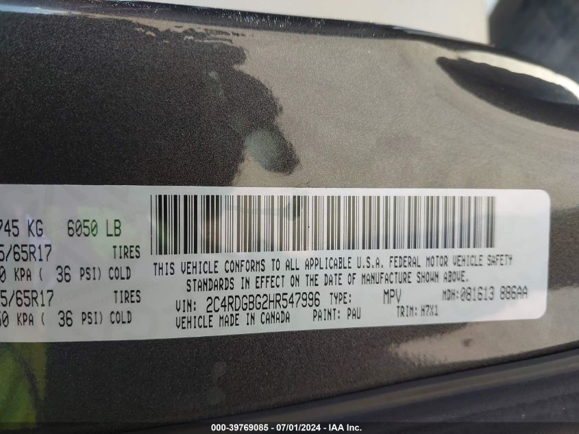 2017 Dodge Grand Caravan Se VIN: 2C4RDGBG2HR547996 Lot: 39769085