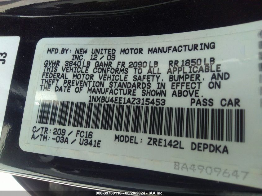 2010 Toyota Corolla Le VIN: 1NXBU4EE1AZ315453 Lot: 39769110